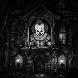 apocalipse haunted house with a clown smiling at the window, black and white, darkness, 4 k