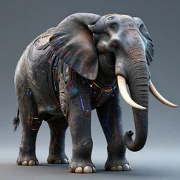 hyper realistic and higly detailed photo of a cyberpunk mech elephant. intricate, wiring, electronic components, color diodes. volumetric light. professional digital art, lotr style, extremly detailed, trending on artstation, stuning, octane render, unreal engine 5, 8 k rendering.