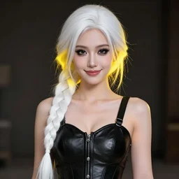 a young girl with a pleasant face, black makeup, a long white braid, in a leather corset, ultra - quality, super - detailed work, play of light, ears shine through yellow light, focus unreal engine 5,