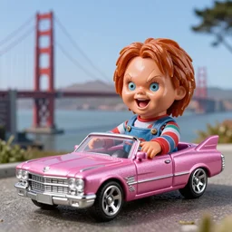 3 5 mm photo of screaming chucky doll driving metallic pink cadillac like hot wheels model with san francisco as background, epic cinematic, epic lighting