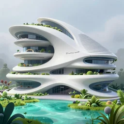 highly detailed futuristic architecture by Zaha Hadid , in the style of pixar animation, stylized vegetation, ground-level view, puddles of turquoise water, foggy atmosphere, stunning sunny lighting, sunrise, vivid colors, trending on Artstation, 8k, matte painting, ray tracing, hyper detailed, unreal engine 5, cinematic, epic lighting, cryengine, octane render, cyberpunk, red and orange glow, vibrant