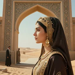 sideview face portrait of an islamic empress combined with a surreal islamic style ornamental gate in the desert opening into an other dimension. by vincent di fate, james jean, dom qwek. inspired by igor goryunov andrei riabovitchev. art by paul lewin. atmospherical, photorealistic retrofuturist concept art, trending on art station, cinematic, ultra detailed