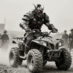 vertical movie frame with heavy furious warrior riding ancient wooden atv,  armor inspired by monster hunter, dark fantasy and fashion, strong blooded body,  brutal blooded symmetrical face, epic,cinematic lighting, award winning, establishing shot, extremely high detail, photorealistic,  brutal, provocative , cinematic lighting, artstation, octane render, dark fantasy ,old photo, vintage, black and white, Boris vallejo, sepia, old photography, documentary photography