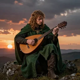 kvothe playing his lute serenading the sunset, huntsman, medieval, green cape, by Aleksi Briclot