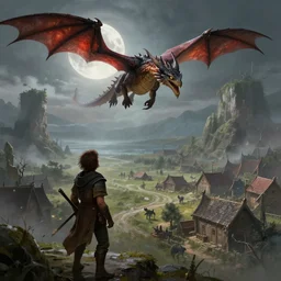 looking up at a wyvern flying in front of the moon attacking a village, fantasy art, concept art, dnd