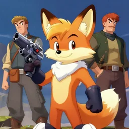 a portrait of fox mccloud holding a blaster, suspenseful, heroic, anthropomorphic furry art, star fox, by jim burns, vincent di fate, and peter elson