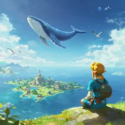 a scenic view in the legend of zelda links awakening koholint island, the ballad of the windfish as the cosmic whale flies with seagulls under a distant oceanic horizon. by john avon and wayne reynolds | introspective meandering sci - fi fantasy endless path in the hills overlooking the coast with mushroom - willow - tree on shading a bench | colored - pencil drawing by thomas cole, terese nielsen, and edvard escher guay, magically shaped surrealism, trending on artstation