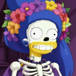 manga fine details portrait of joyful skull girl, floeers in hair, marge simpson, skeleton. anime masterpiece by studio ghibli. 8 k render, sharp high quality anime illustration in style of ghibli, artstation