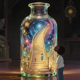 a boy admiring a glimmering glass bottle containing the majestic stairways to otherworldly galaxies, high intricate details, rule of thirds, golden ratio, cinematic light, 8 k, octane render, anime style, graphic novel by fiona staples and dustin nguyen, art by beaststars and orange, peter elson, alan bean, studio ghibli, makoto shinkai