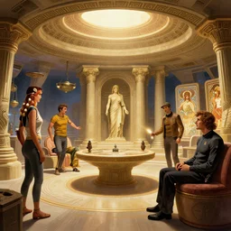 inside STAR TREK spaceship designed in ancient Greece, (SFW) safe for work, photo realistic illustration by greg rutkowski, thomas kindkade, alphonse mucha, loish, norman rockwell