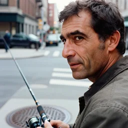 closeup portrait of a man with a fishing rod fishing at a manhole in a new york street , by Annie Leibovitz and Steve McCurry, natural light, detailed face, CANON Eos C300, ƒ1.8, 35mm, 8K, medium-format print