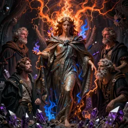 darker shades of forgotten misery and despair by michael whelan and peter driben and quentin massys and hubert robert and greg staples and william etty, beautiful, mythical, cloak, robe, highly detailed, hyperrealistic, intricate, energy, orange electricity, blue flame, low light, purple crystals, high contrast, lifelike