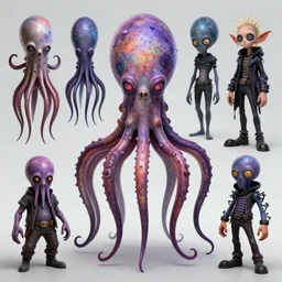CGI lisa frank gothic punk vampiric electrifying vampiric squid character designs of varying shapes and sizes by genndy tartakovsky and Jamie Hewlett from gorillaz and the creators of fret nice high resolution, rtx
