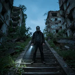a mysterious man with a gas mask wearing a flashlight is standing in the midle of a staircase alle : : exterior, blue sky visible : : ruined city with vegetation and trees growing everywhere on the destroyed buildings : : apocalyptic, gloomy, desolate : : art by karcz, michal
