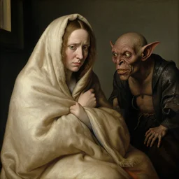 a woman wrapped in a blanket, annoyed by a goblin, by jan van eyck,