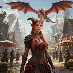 by oka yasutomo and anna dittmann, visually stunning, cinematic, ultra realistic, hyper realism, 1 2 k, epic, octane render, unreal engine, vfx, maya, a dungeons & dragons town square in a festival day, realistic alien medium shot portrait with horns, a red dragon flying in the sky, inside a futuristic magical elven city, a thread knot girl