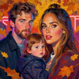 vibrant, fall, colin farrell, jessica alba woman, with a kid, neon light, detailed faces, painting by gaston bussiere, craig mullins, j. c. leyendecker