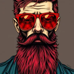 detailed hipster skinny man with red sunglasses, long vibrant colored beard, dmt, by james gurney + intricate and vibrant work + portrait + trending on artstation + incredible gothic illustration + exquisite detail