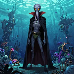 concept art character with a vampire squid head and cape that is tall and thin that lives in an ocean setting in the apocalypse created for a new episode of rise of the teenage mutant ninja turtles on nickelodeon comic book dots with chromatic aberration and design influences from fret nice the video game
