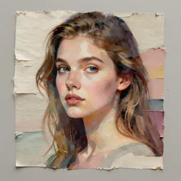 half-lenght matte portrait of a woman. matte mixed media paper collage in soft pastel tones. fabric textures. matte background HD
