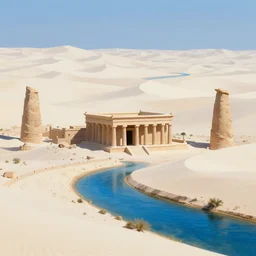 Landscape, a temple surrounded by a desert of white sand with monoliths. Blue river. Fantasy, digital painting, HD, 4k, detailed.