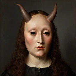 a demon wearing a human woman mask, by jan van eyck,