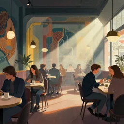 illustrated crowded cafe interior, colorful, modern art deco, mads berg, karolis strautniekas, christopher balaskas, stippled light, low fog, moody, fine texture, editorial illustration, dramatic lighting, dynamic composition, detailed, vivid, matte print, muted color, ( ( dieter rams ) ), wide angle, ( ( sunbeams ) )
