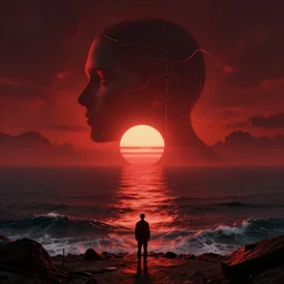 dark matter red infernal world future landscape ocean and sun hyper reflection open street schizophrenia and stratification of consciousness mind man poster highly detailed full HD 8K resolution