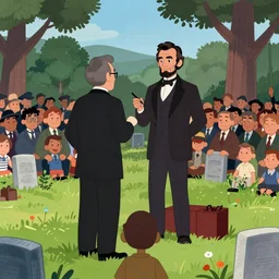 abraham lincoln giving the gettysburg address in a crowded pennsylvania cemetery, animated by don bluth, 8 k scan, vivid color