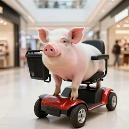 photo of a pig on a mobility scooter in a mall