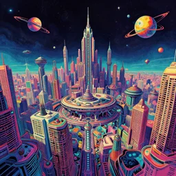 a psychedelic retro sci fi city in space by roger dean, digital art, trending on artstation, 4k, equirectangular projection, 360