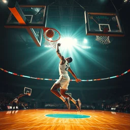 basketball player about to do slam dunk during basketball game in floodlight basketball court, cinematic lighting, realistic wide angle, sharp focus, 8 k high, 6 4 megapixel, insanely detailed, intricate, sport, exciting art by artgerm and wlop