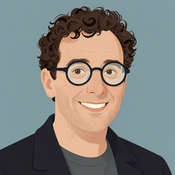 a man with glasses and dark short curly hair smiling, illustration in the style of maurice sendak
