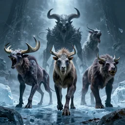 extinct animals in the ice, nightmare, hell, photograph, wild, highly detailed vfx, cinematic