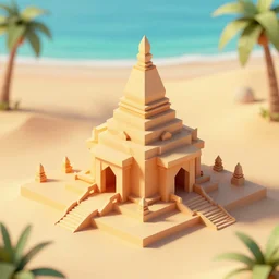 matte 3 d low poly scene of a desert temple, lat lighting, isometric perspective on tropical beach background, soft shadows, 3 d render, raytracing,