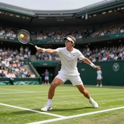 a rendered image of a tennis player smashing the ball on center court at wimbledon, dynamic lighting, by nick silva and mumford, trending on artstation, instagram