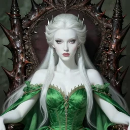 close up portrait of the fairy queen on her thorny throne, royal green dress, elegant, finesse, long hair, white skin, face details, extremely detailed, sharp focus, smooth, illustration by rossdraws, artgerm, wlop