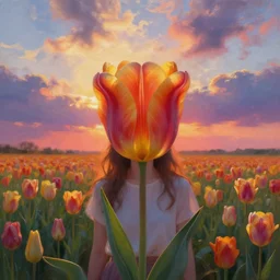 large tulip in front of face, girl standing in a flower field, surreal photography, sunrise dramatic light, impressionist painting, colorful clouds, digital painting, artstation, simon stalenhag, flower face
