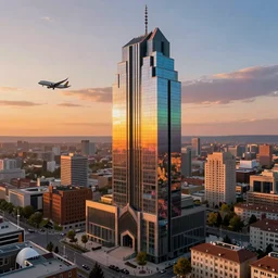 key sage cinematic brutalist art deco pearlescent city in europe at sunset with drone flying through the sky hd 8k