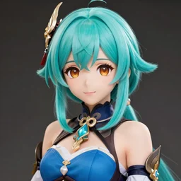portrait of bulma with turquoise hair, big brown eyes, and a blue dress, intricate jewelry, genshin impact, realistic anime, sharp focus, octane render, trending on artstation, 8k