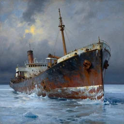 a lonely imposing old shipwreck covered in ice, dramatic light, painted by anders zorn and craig mullins
