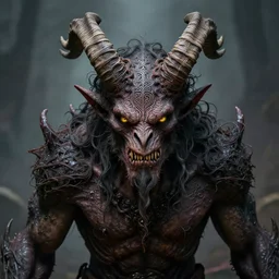 a demonic orc with yellow eyes and tangled horns covered in intricate mazelike paint