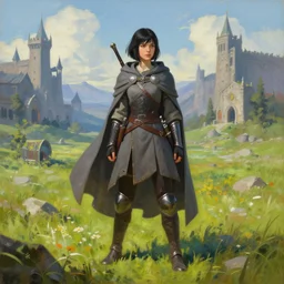 a warrior girl with short black hair wearing a gray cloak and boots standing on a meadow with medieval fantasy landscape, digital art, oil on canvas, by andreas rocha, by greg rutkowski, trending on artstation, 4k, vibrant colors