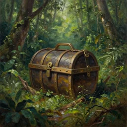 an oil painting of a treasure lost in a lush rainforest