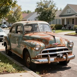 A rusty old Chevy parked in a neighborhood, mid day, realistic photograph, bokeh, taken with a Leica camera, shallow depth of field, William Eggleston style