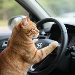 an orange tabby cat driving a car, his paws are on the steering wheel
