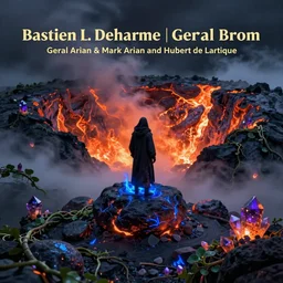 The wandering lava mage standing on the misty edge of a fiery caldera by Bastien L. Deharme and Gerald Brom and Mark Arian and Hubert de Lartigue, smooth round rocks, blue flames, low light, glowing orange and purple crystals, green vines, misty, smoky, tonalism, sfumato