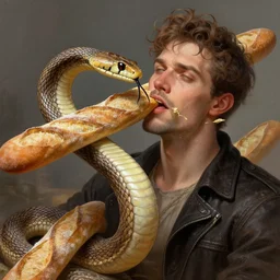 A man devoured by a baguette snake, fantasy, high detail, elegant, digital painting, cinematic lighting, vibrant, intricate, textured skin, highly detailed, artstation, sharp, focus, HDR, unreal engine 5, breathtaking, illustration, Anna Dittmann, Ilya Kuvshinov, Nikolay Makovsky