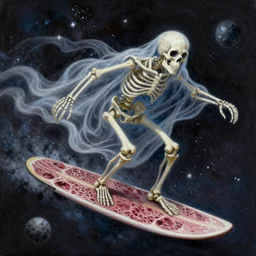 dungeons and dragons art, painted painting, a ghost inside meat coated skeleton, stardust and sparks and glitter sparking in the air, skeleton riding an asteroid surfboard in space