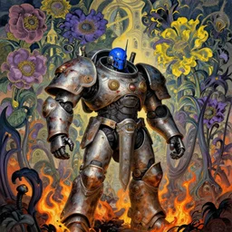 composition of gothic and futuristic, warhammer, cyber armor, more scars and fire, many mechflowers, blue head, some purple and yellow, the middle ages, highly detailed, artstation, in the style of moebius, jugendstil and classic japanese print, psychedelic, art by beksinski, bradley, otherworldly, andre le notre